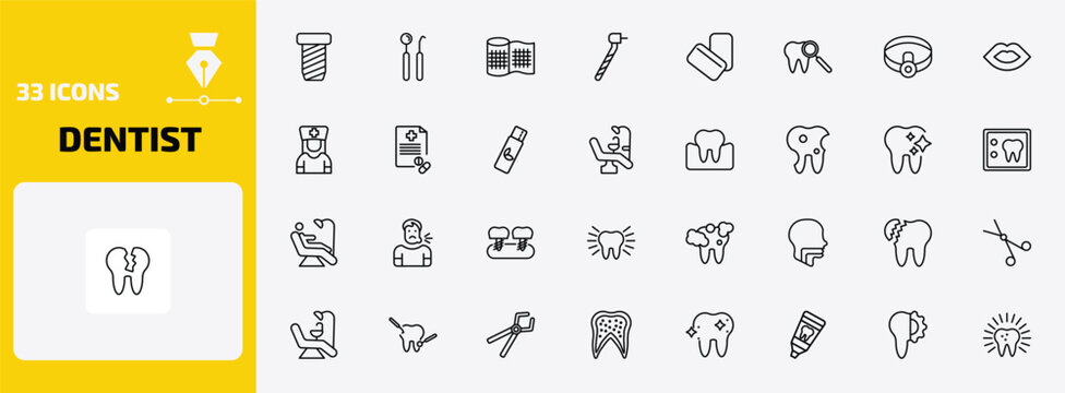 dentist outline icon set. 33 linear vector for ui, web and mobile. thin line implant fixture, dentist tools, gauze and more icons.