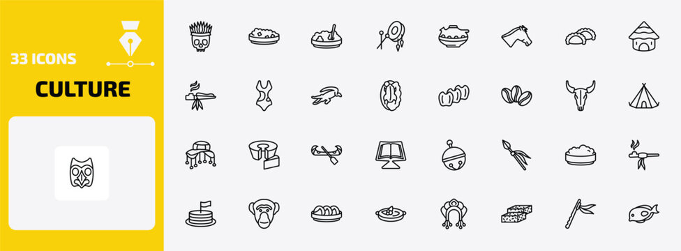 culture outline icon set. 33 linear vector for ui, web and mobile. thin line native american skull, sweet and sour pork, corn with pine and more icons.