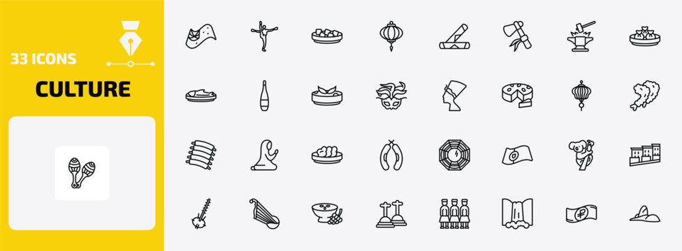 culture outline icon set. 33 linear vector for ui, web and mobile. thin line australian flag, capoeira brazil dancers, beef and garlic and more icons.