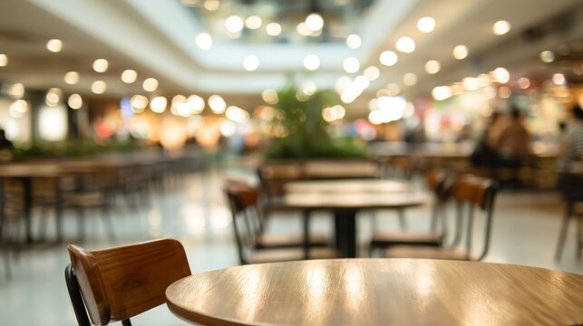 Abstract blurred empty tables and chairs in school cafeteria dining hall, defocused canteen interior with soft bokeh effect, education facility food court background with no people and modern indoor s