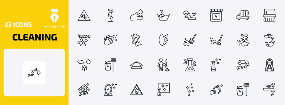 cleaning outline icon set. 33 linear vector for ui, web and mobile. thin line wet floor, cleaning spray, acid and more icons.