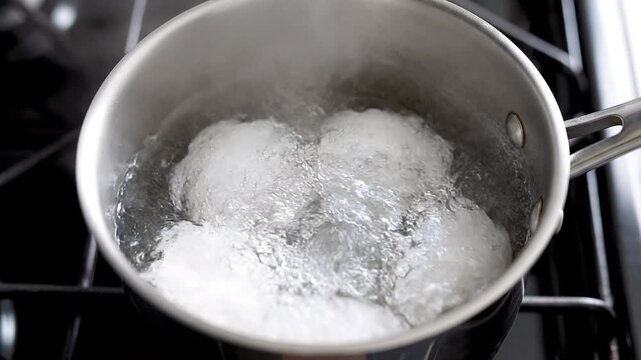 A pot of boiling dumplings on a stovetop in a kitchen setting