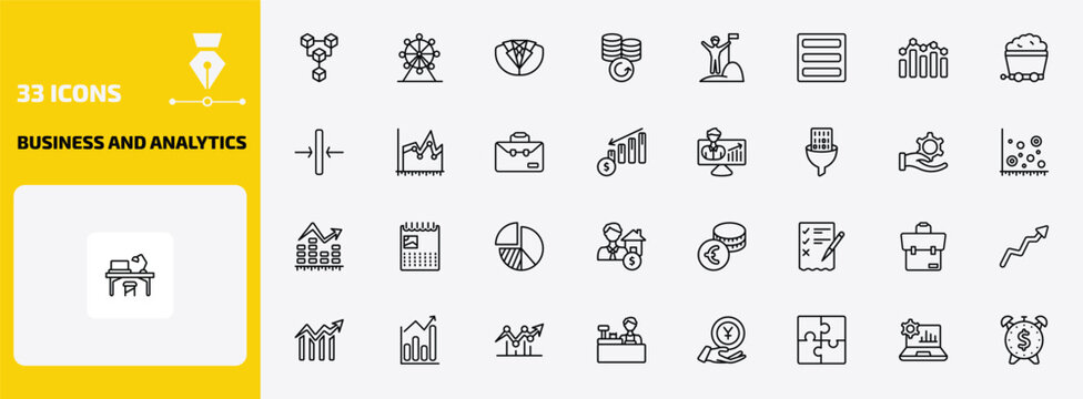 business and analytics outline icon set. 33 linear vector for ui, web and mobile. thin line connection box chart, big wheel, dress code and more icons.