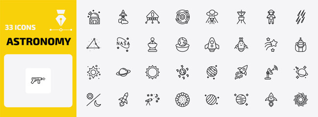 astronomy outline icon set. 33 linear vector for ui, web and mobile. thin line planetarium, liftoff, lander and more icons.