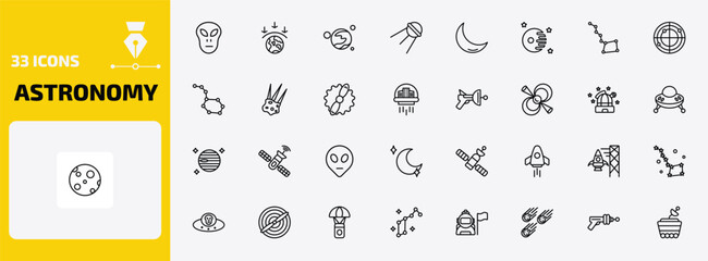 astronomy outline icon set. 33 linear vector for ui, web and mobile. thin line little extraterrestial, aerosphere, mars with satellite and more icons. © Farahim