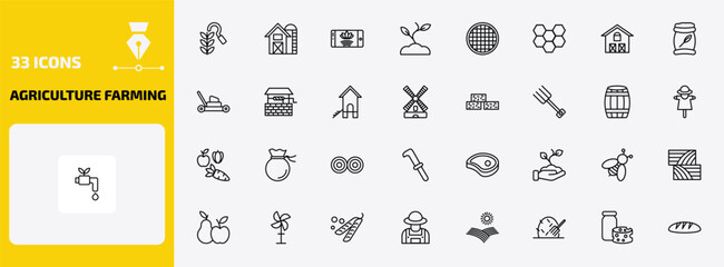 agriculture farming outline icon set. 33 linear vector for ui, web and mobile. thin line harvest, farm, smart farm and more icons. © Farahim