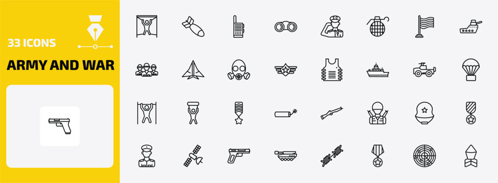 army and war outline icon set. 33 linear vector for ui, web and mobile. thin line torture, airplane bomb, militar radio and more icons.