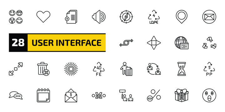 user interface outline icon set. 28 linear vector for ui, web and mobile. thin line the of, hearth, new file and more icons.