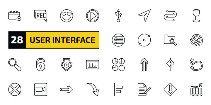 user interface outline icon set. 28 linear vector for ui, web and mobile. thin line add event, recording conversation, in love smile and more icons.