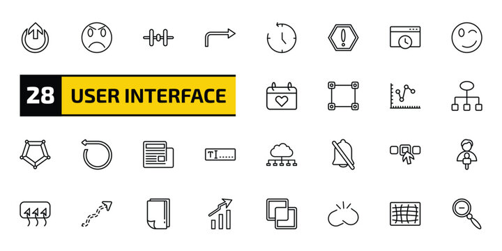 user interface outline icon set. 28 linear vector for ui, web and mobile. thin line external, angry smile, vertical align and more icons.