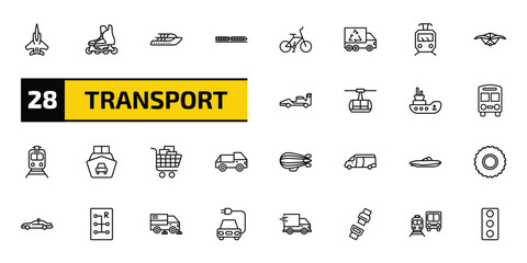 Naklejka premium transport outline icon set. 28 linear vector for ui, web and mobile. thin line army airplane, inline skates, yacht and more icons.