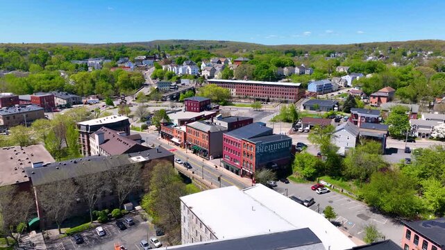 Woonsocket Main Street Historic District aerial view in downtown Woonsocket, Rhode Island RI, USA.