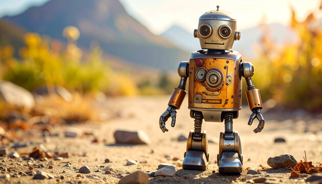 Vintage robot standing on a trail surrounded by nature and mountain scenery