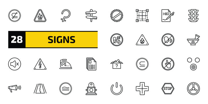 signs outline icon set. 28 linear vector for ui, web and mobile. thin line is not a sub, fire hazard, ceres and more icons.