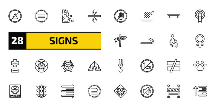 signs outline icon set. 28 linear vector for ui, web and mobile. thin line no bleaching, identical to, landslide and more icons.