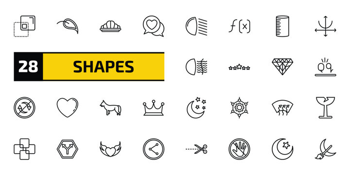 shapes outline icon set. 28 linear vector for ui, web and mobile. thin line minus front, elliptic, reign and more icons.