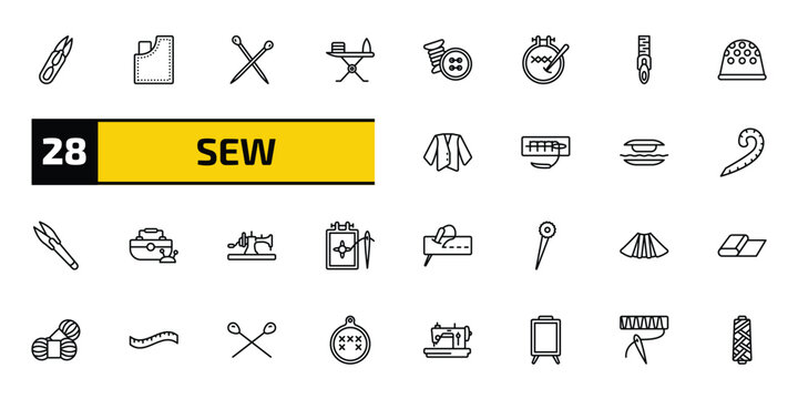 sew outline icon set. 28 linear vector for ui, web and mobile. thin line thread nippers, jeans pocket, pins and more icons.