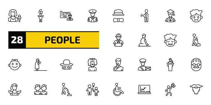 people outline icon set. 28 linear vector for ui, web and mobile. thin line foreign reporter, man with open lock, architect and more icons.
