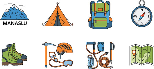 Mountain hiking and camping icons set with tent backpack boots compass and gear, outdoor adventure concept flat vector illustration © MdNipon