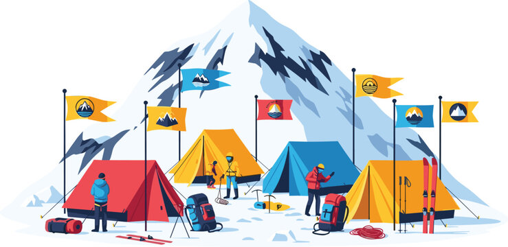Mountain base camp illustration with colorful tents, climbers preparing expedition, alpine adventure scene, outdoor travel vector design