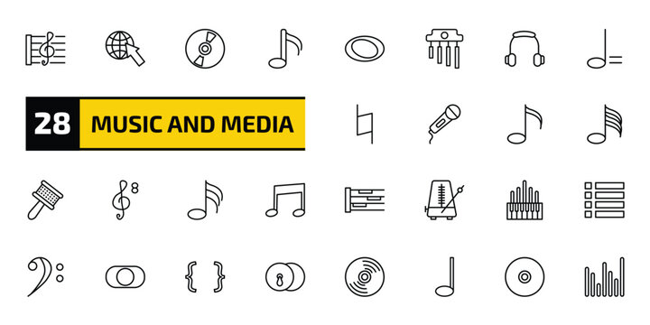 music and media outline icon set. 28 linear vector for ui, web and mobile. thin line stave, globe with pointer, music record and more icons.