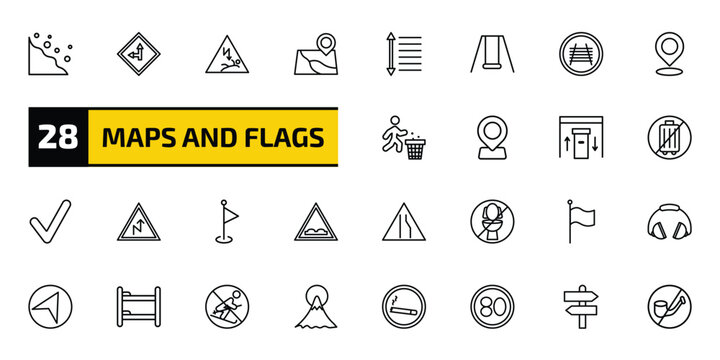 maps and flags outline icon set. 28 linear vector for ui, web and mobile. thin line rock landslide safety, left side road, electrocution risk and more icons.