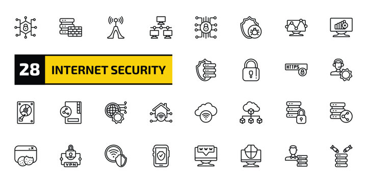 internet security outline icon set. 28 linear vector for ui, web and mobile. thin line private network, firewall, wireless connection and more icons.