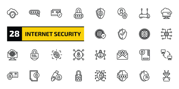 internet security outline icon set. 28 linear vector for ui, web and mobile. thin line cloud, password, credit card security and more icons.