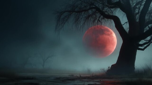 Eerie Red Moon Illuminates Dark Foggy Night Scene with Silhouetted Gnarled Tree in Desolate Landscape