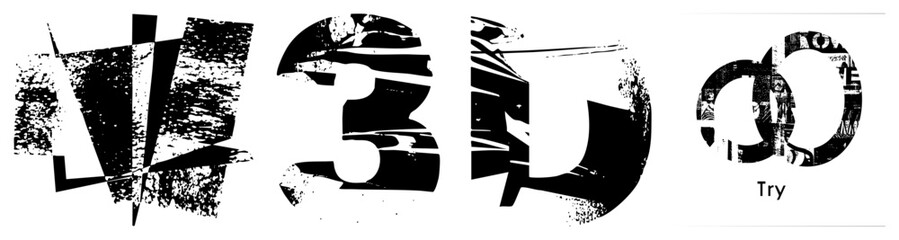 Obraz premium Distorted black lettering with distressed texture, fragmented typography, graphic design elements, bold sans serif style, urban aesthetic, high contrast vector art.