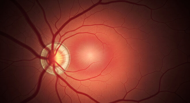 Human retina anatomy illustration showing optic disc and blood vessels, medical fundus conceptual 3D render