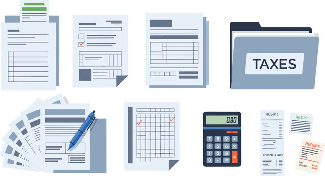 Tax documents and accounting paperwork set with calculator and files, financial reporting and audit concept flat vector illustration