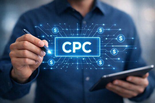 Businessman using tablet and stylus with holographic CPC interface, analyzing digital marketing data, cost per click metrics, ad performance, analytics dashboards and online advertising strategy