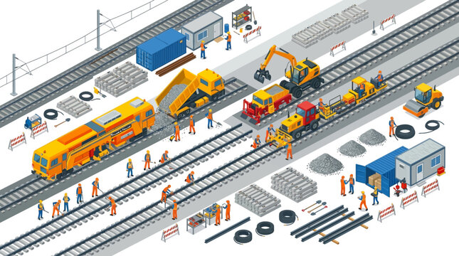 Isometric vector illustration: railway construction and maintenance scene with workers, specialized machinery, and infrastructure work.
