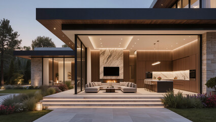 Fototapeta premium Luxury Modern Villa with Open Plan Living and Outdoor Terrace at Dusk