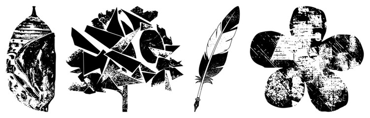 Fototapeta premium Stylized feather quill and abstract shapes with distressed texture, vector art, ink splatter aesthetic, graphic design elements.