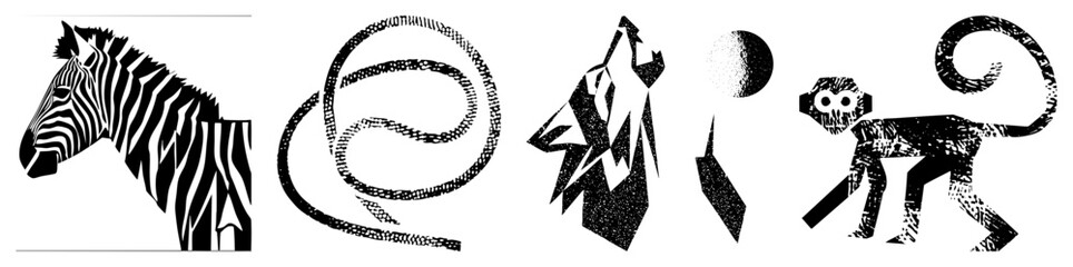 Naklejka premium Stylized zebra, snake, wolf, moon, monkey in bold black shapes with halftone grain, vector art, graphic design elements, isolated animal.