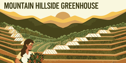A woman stands before terraced greenhouses on a mountainside © Suresh