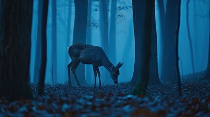 Obraz premium Solitary Spotted Deer Foraging in an Ethereal Blue Forest at Twilight.