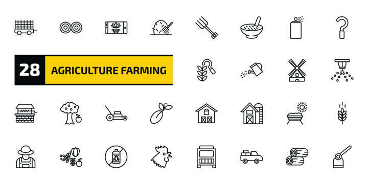 agriculture farming outline icon set. 28 linear vector for ui, web and mobile. thin line farm trailer, hay bale, smart farm and more icons.