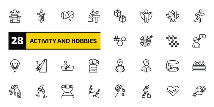 activity and hobbies outline icon set. 28 linear vector for ui, web and mobile. thin line beer pong, motorcycle riding, petanque and more icons.