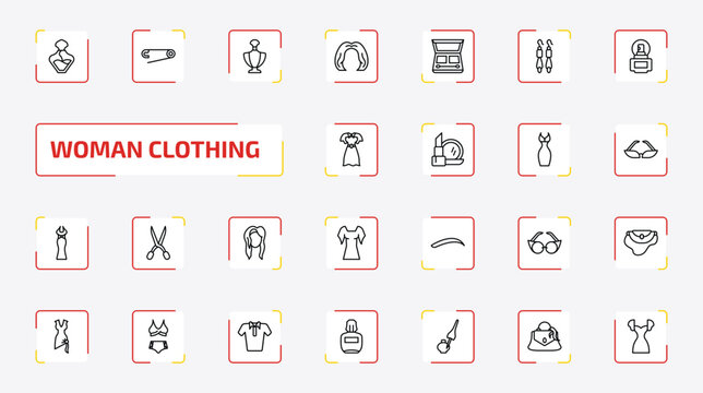 woman clothing outline icon set. 25 linear vector for ui, web and mobile. thin line perfume, perdible pin, perfume bottle and more icons.