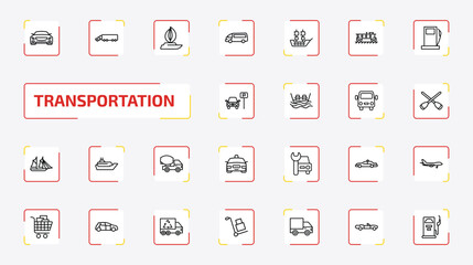 transportation outline icon set. 25 linear vector for ui, web and mobile. thin line car frontal view, eighteen-wheeler, sailboat and more icons. © Farahim