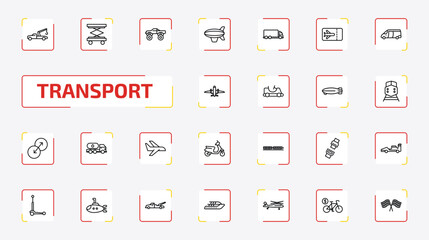 Naklejka premium transport outline icon set. 25 linear vector for ui, web and mobile. thin line tow truck, lifter, monster truck and more icons.