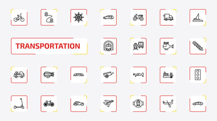 transportation outline icon set. 25 linear vector for ui, web and mobile. thin line bicycle side view, way, ship helm and more icons. © Farahim