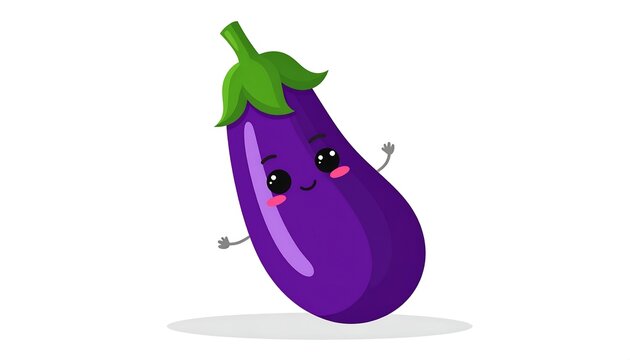 Animated image of a happy eggplant with a stem and leaves, drawn in cartoon style. It has big eyes, rosy cheeks, and raised arms
