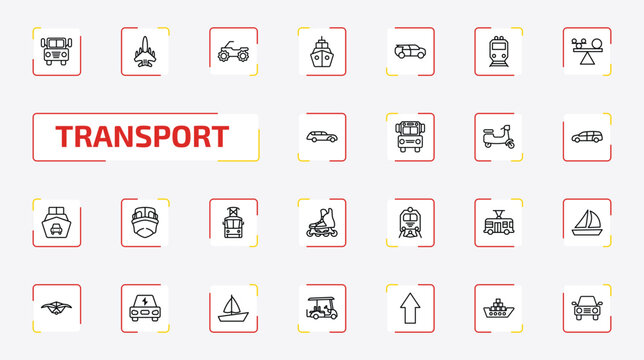 transport outline icon set. 25 linear vector for ui, web and mobile. thin line prison bus, military airplane, quad bike and more icons.