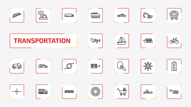 transportation outline icon set. 25 linear vector for ui, web and mobile. thin line funicular railway, airport checking, truck and more icons.