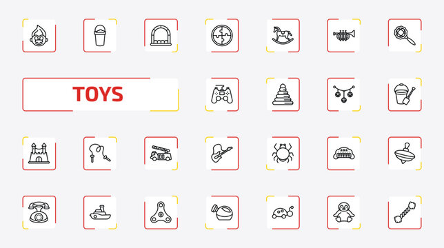 toys outline icon set. 25 linear vector for ui, web and mobile. thin line troll toy, bucket toy, bouncy castle toy and more icons.