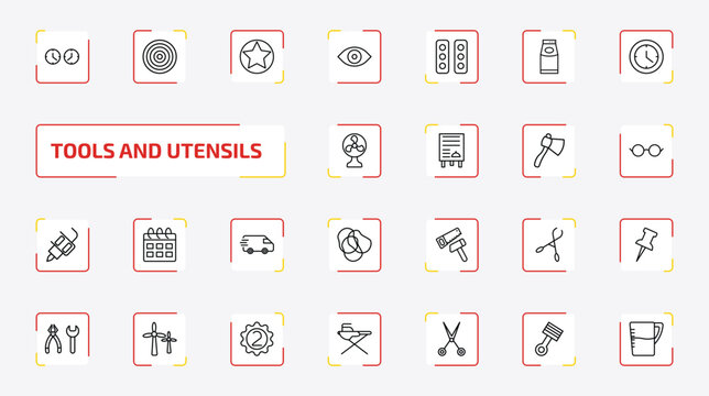 tools and utensils outline icon set. 25 linear vector for ui, web and mobile. thin line clocks, target circles, highlight and more icons.